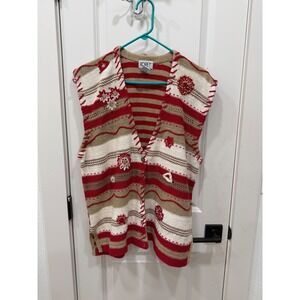 Koret Womens XL Red Tan Striped Floral Embroidered Beaded Knit Sweater Vests